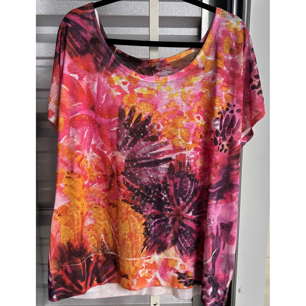 Lane Bryant Pink Floral Sequin Short Sleeve Top 14/16 Tropical Blouse